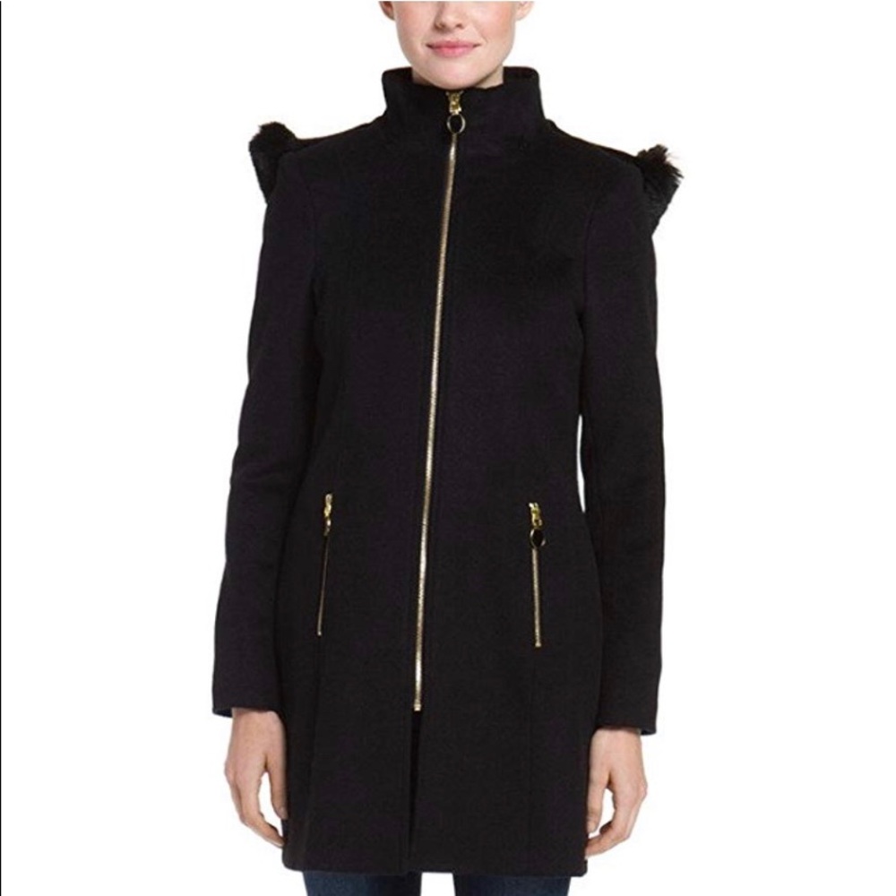 T Tahari Women's Kaili Coat w Faux Fur Trim Size 8